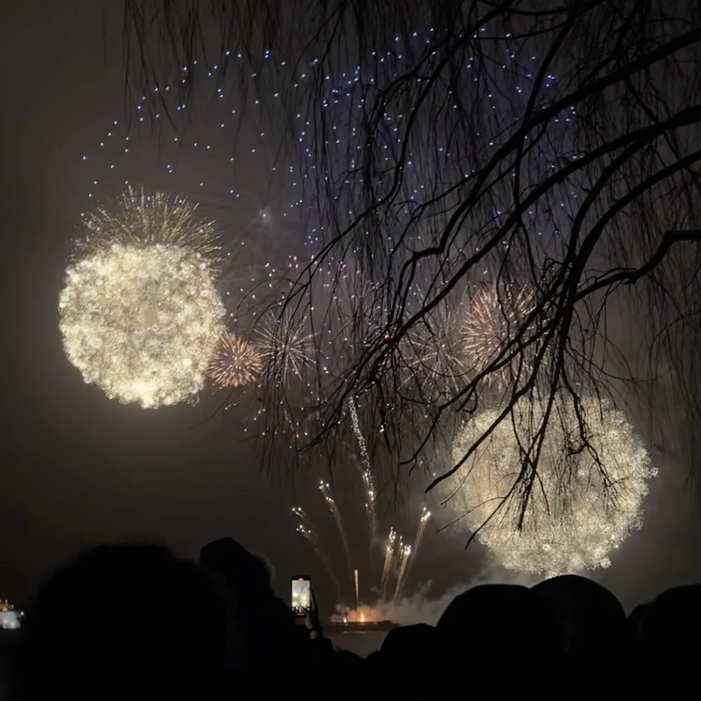 The sounds of fireworks going off