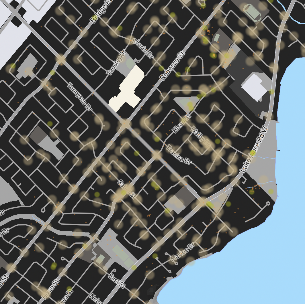 Mapbox bivariate data of coyote encounters in Oakville