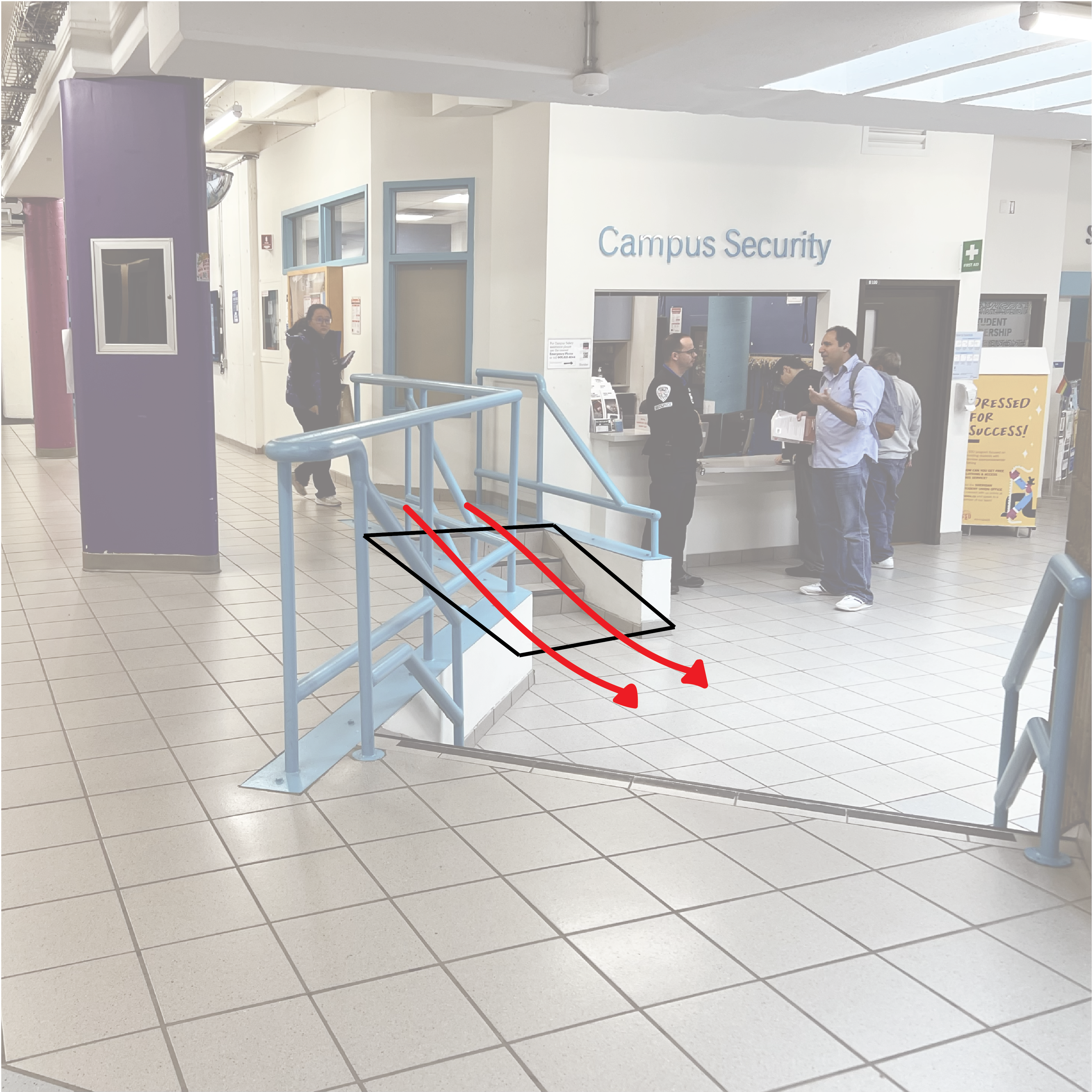 The stairs can be re-designed into a ramp, the stairs are at a 
      sharp turn where people constantly bump into eachother. A ramp in this area would open up the space and navigate the flow of traffic better in this area.</p>